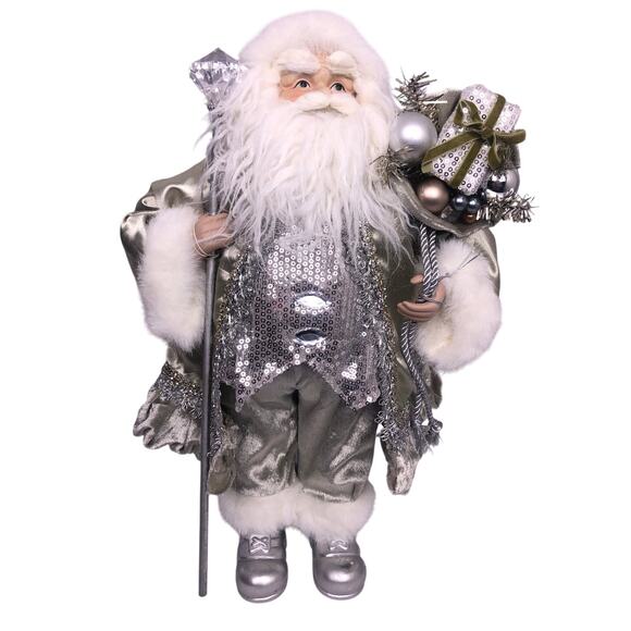 None and/or Unknown Other - Christmas Silver White Faux Fur 16" Standing Ceramic Face Hands Collectible Sana